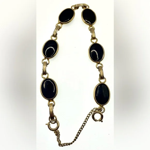 3 for $30 Vintage Gold Tone Linked Bracelet Bezel Set Onyx Gems Safety Chain - Picture 3 of 5